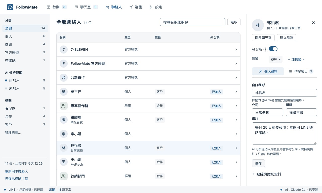 FollowMate 聯絡人名單與標籤，使用合成示範人物